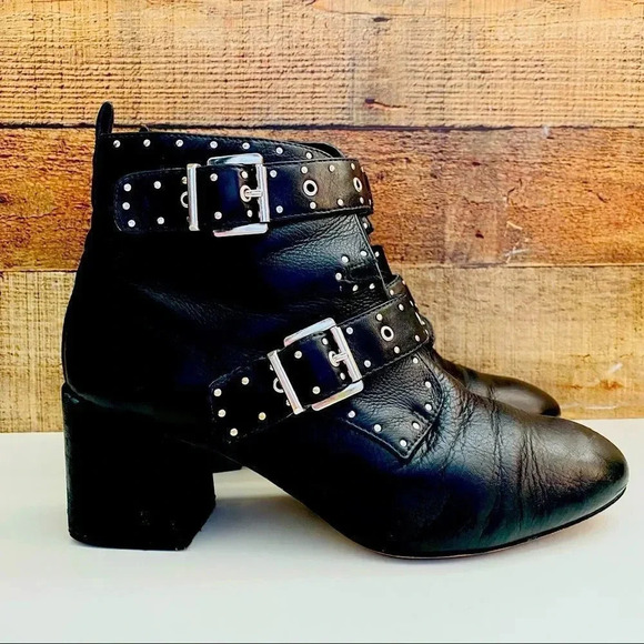 Rebecca Minkoff Logan Studded Buckle Booties Black Lamba - Picture 4 of 10